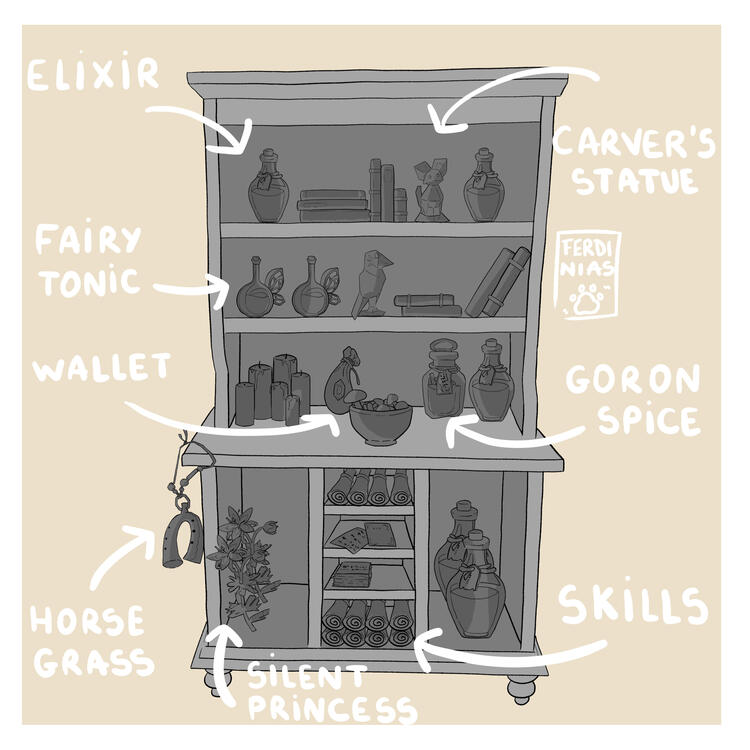 Bookshelf filled with Zelda related objects